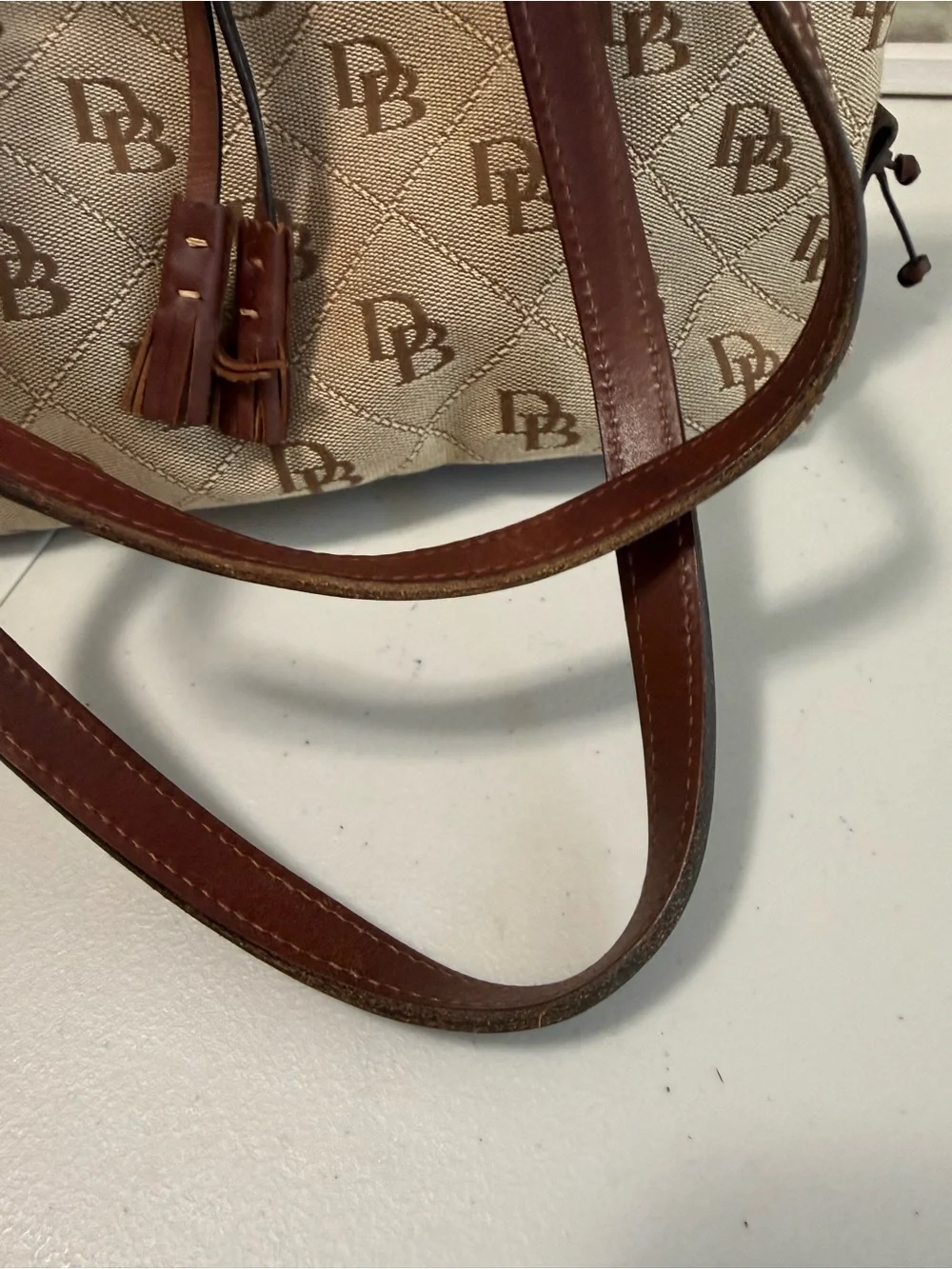 Dooney & Bourke Beige Monogram Quilted Tote with Brown Leather Trim